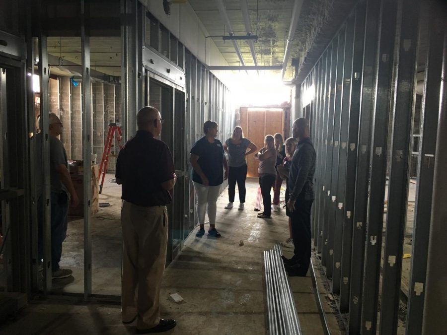 Teachers toured the junior high to observe the progress of the Platteview Central Renovation project.