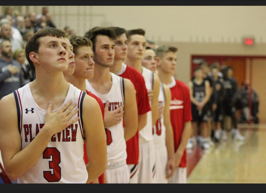 Platteview’s basketball team proudly held their hearts as Mia Loeffer beautifully sang the National Anthem.