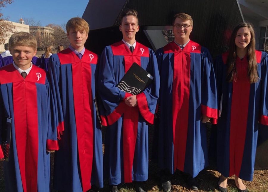 Students Ryan Tolliver(11), Jack Jolly(12), Elijah Stewart(12), Jacob 
Beier(12), and Hannah Ferrin(12) stand together in their Platteview 
choir robes after the All-Sate ﬁnal concert. The Chorus Repertoire 
consisted of “Light Dawns on a Weary World” by Mack Wilberg 
and “Spirit of Life” by Christopher Aspaas. 