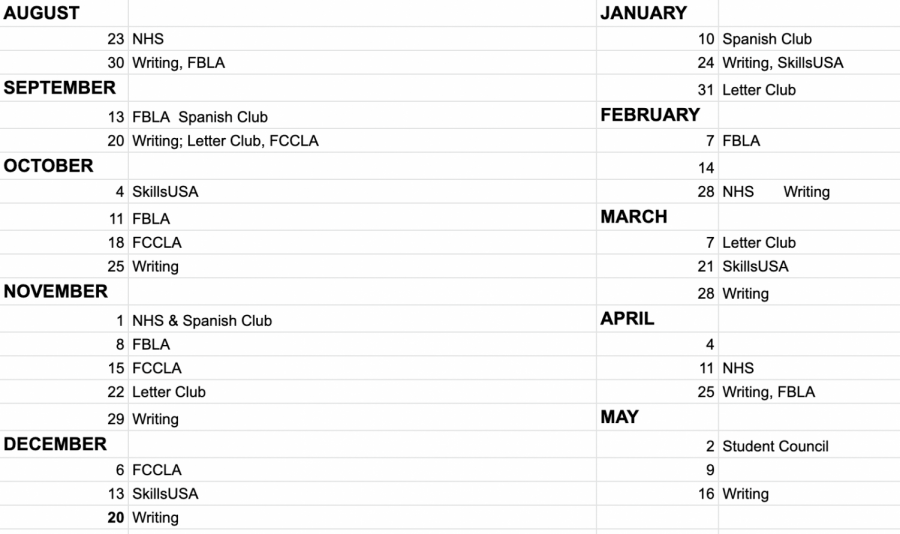 Clubs, Activities 2021-2022 Schedule