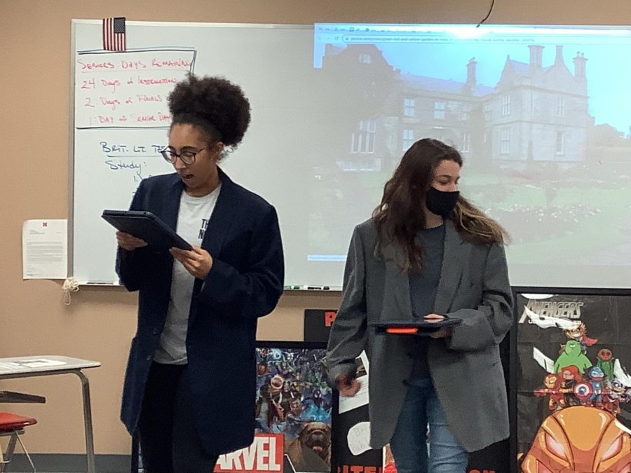 Josephine Hartley (12) and Priyanka Bowers (12) stand in front of the class during
their performance of Twelfth Night.
