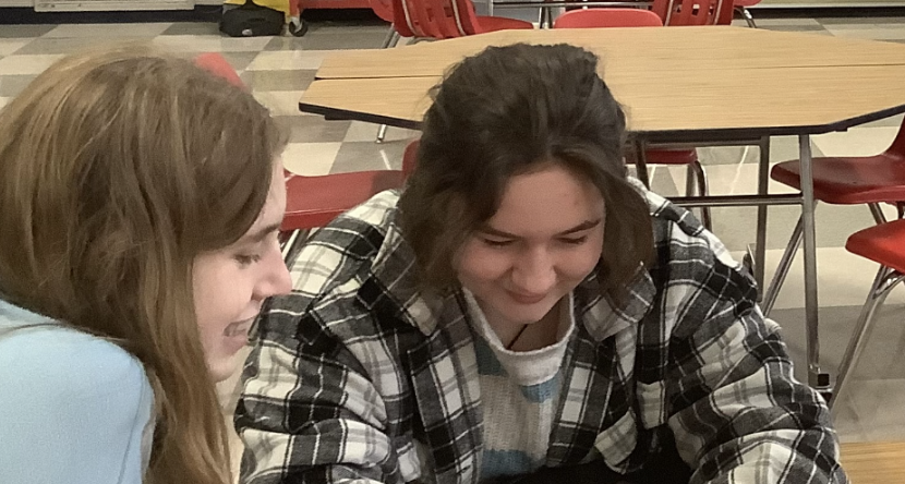 Bethany Anderson (9) and Andi Carman (12) socialize during their study hall.
